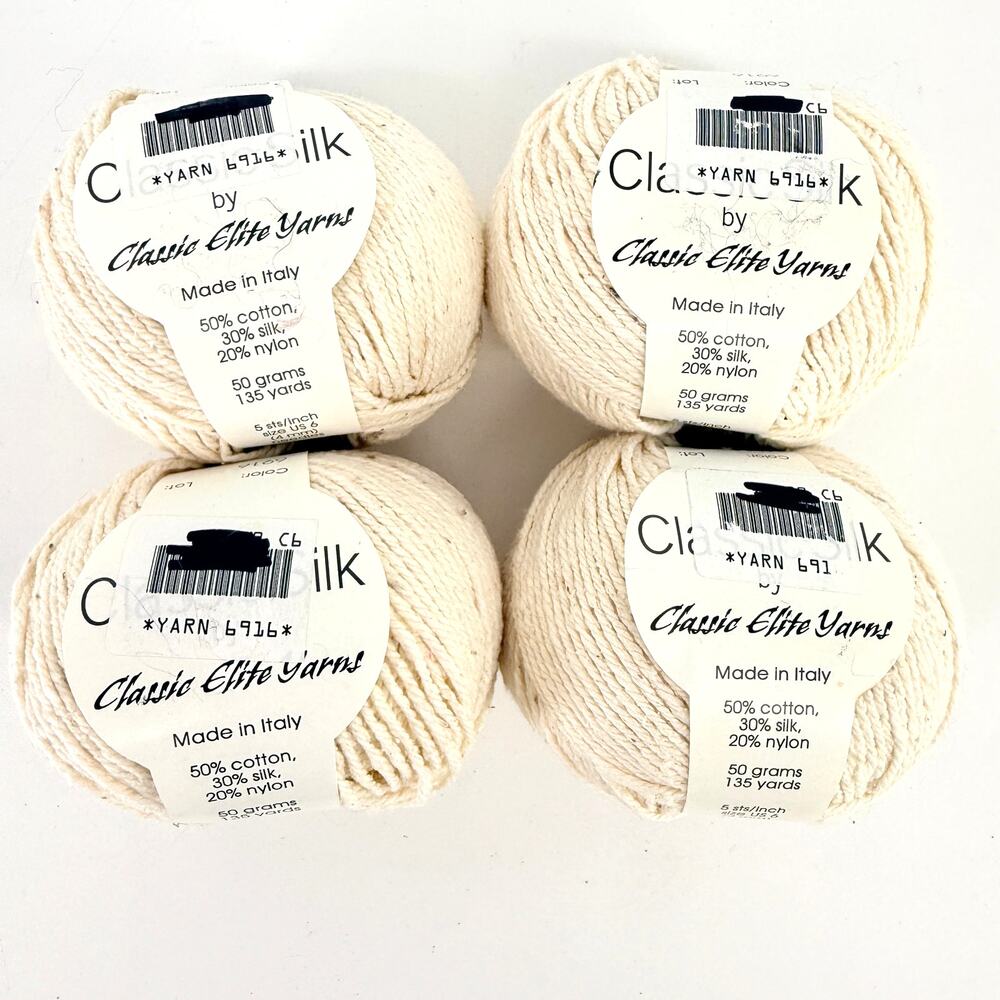 Classic Elite Classic Silk Yarn Lot 4 Skeins Cream 6916 Cotton Silk Italy